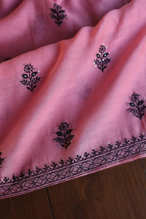 Pink & Black Mal Cotton Chikankari Unstitched Kurta Dupatta Fabrics With Kamdani - Image 11