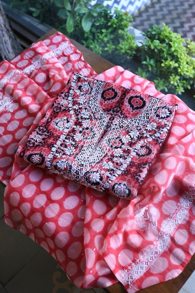Pink & Black Soft Cotton Printed Unstitched Kurta Dupatta Set with Chikankari & Sequin Work