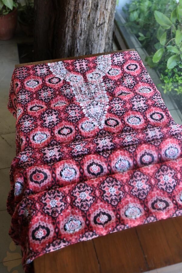 Pink & Black Soft Cotton Printed Unstitched Kurta Dupatta Set with Chikankari & Sequin Work - Image 10