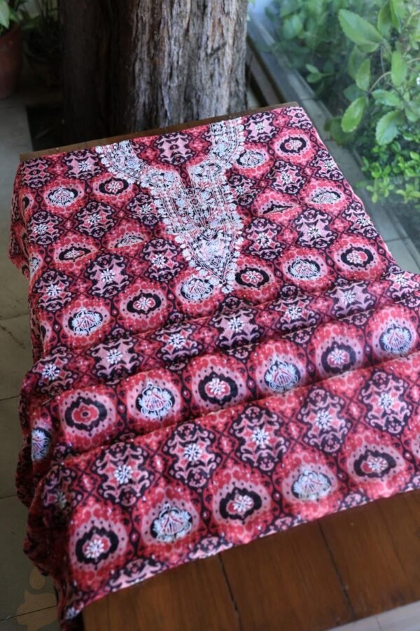 Pink & Black Soft Cotton Printed Unstitched Kurta Dupatta Set with Chikankari & Sequin Work - Image 13