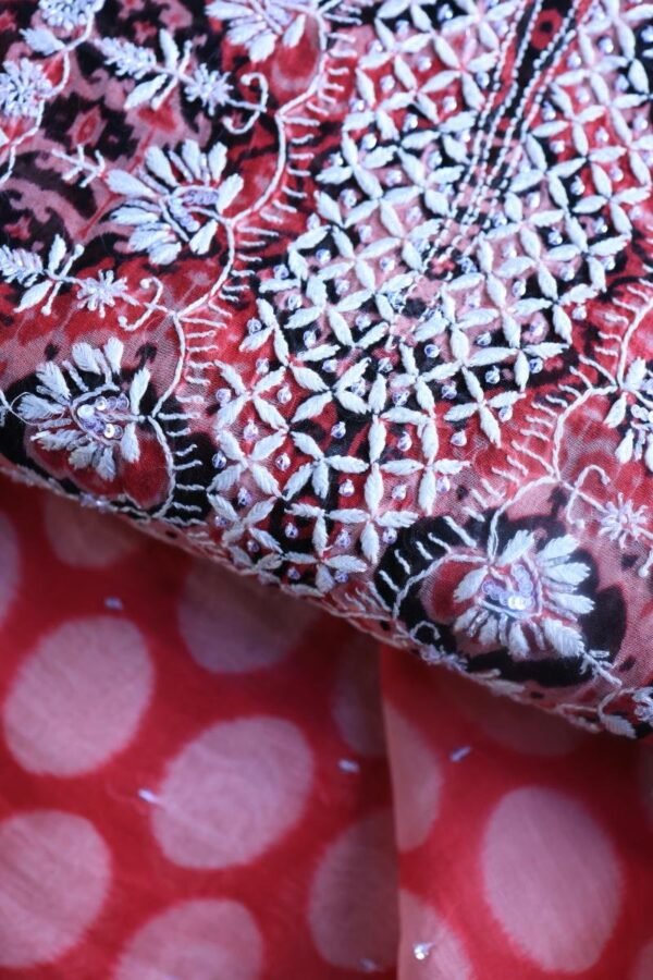 Pink & Black Soft Cotton Printed Unstitched Kurta Dupatta Set with Chikankari & Sequin Work - Image 6