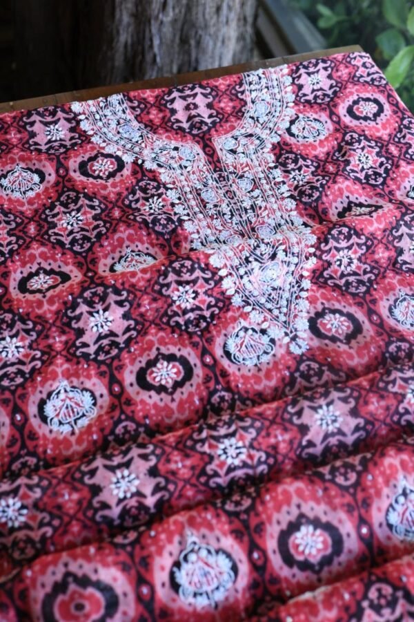 Pink & Black Soft Cotton Printed Unstitched Kurta Dupatta Set with Chikankari & Sequin Work - Image 15