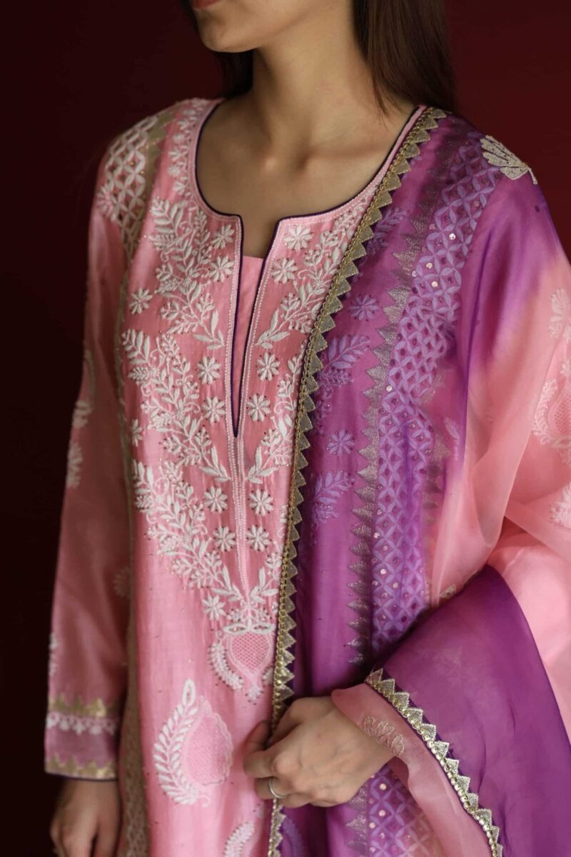 Chanderi Daraz Applique Chikankari Mukaish Kurta Dupatta Set