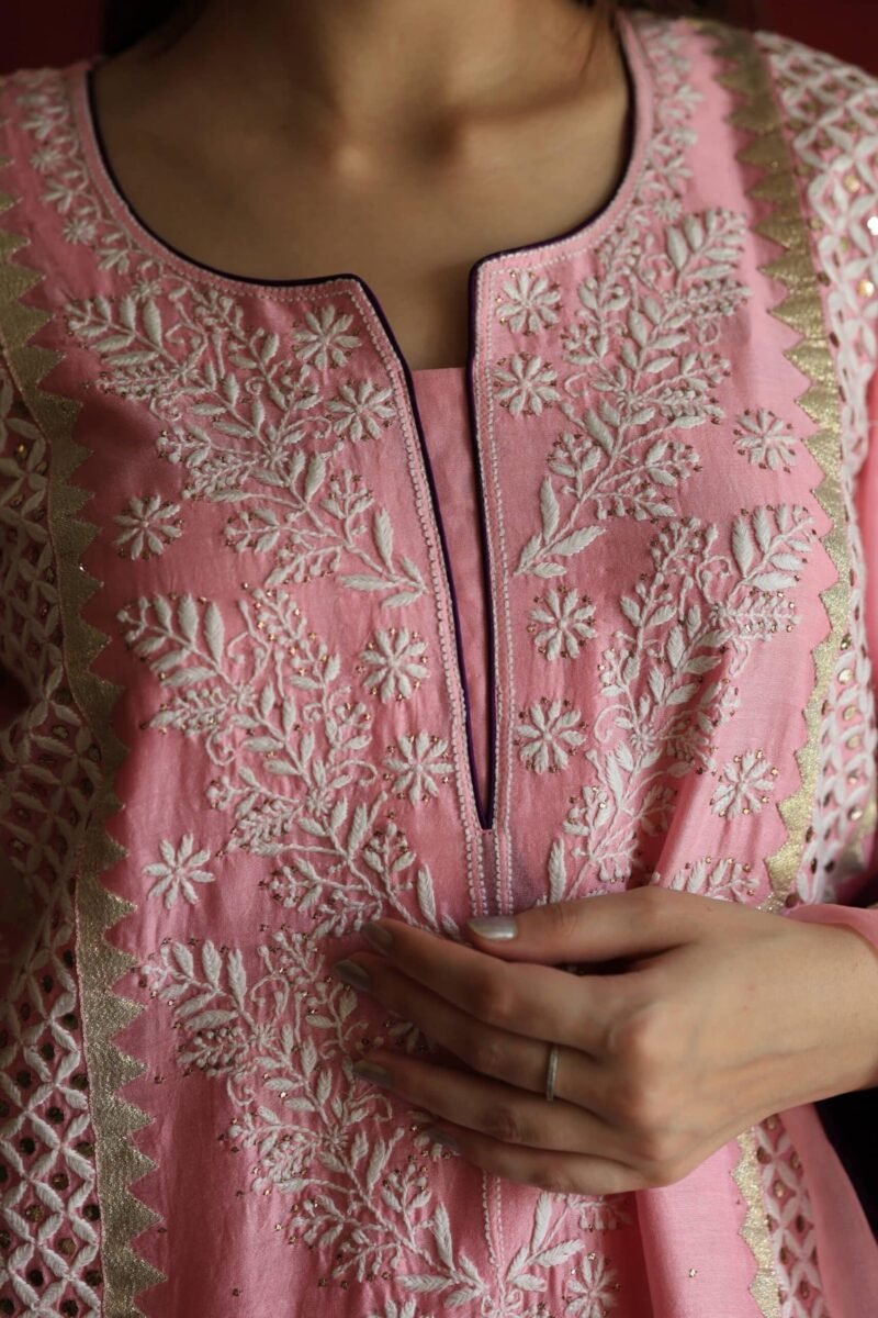 Chanderi Daraz Applique Chikankari Mukaish Kurta Dupatta Set