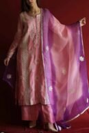 Chanderi Daraz Applique Chikankari Mukaish Kurta Dupatta Set