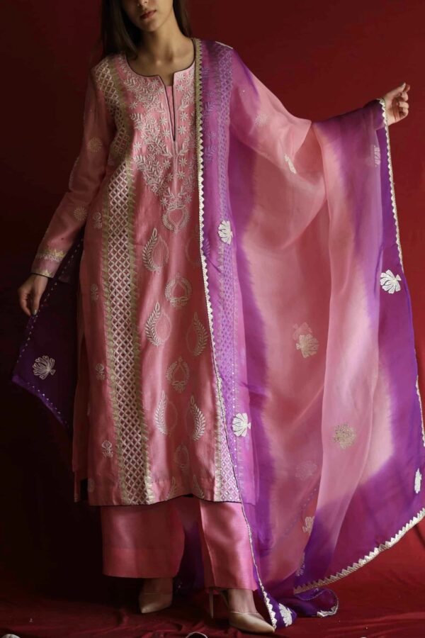 Chanderi Daraz Applique Chikankari Mukaish Kurta Dupatta Set - Image 5