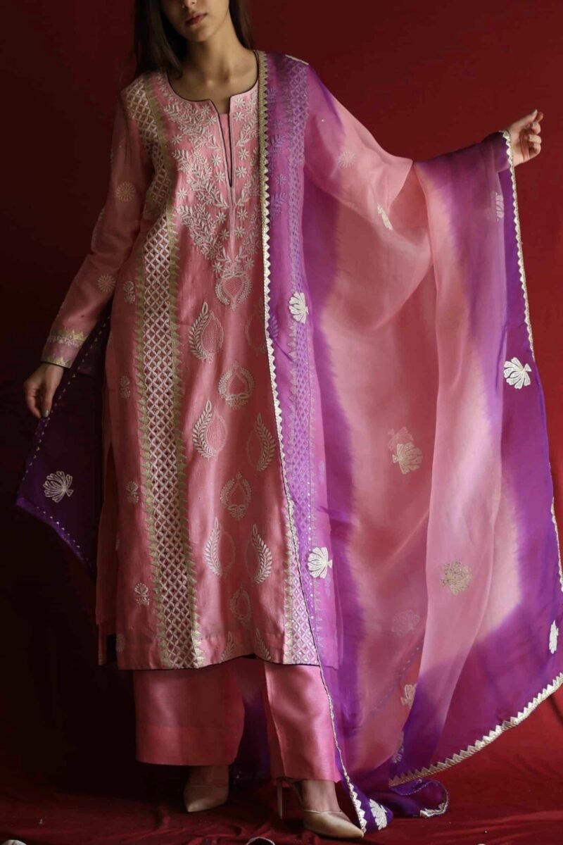 Chanderi Daraz Applique Chikankari Mukaish Kurta Dupatta Set