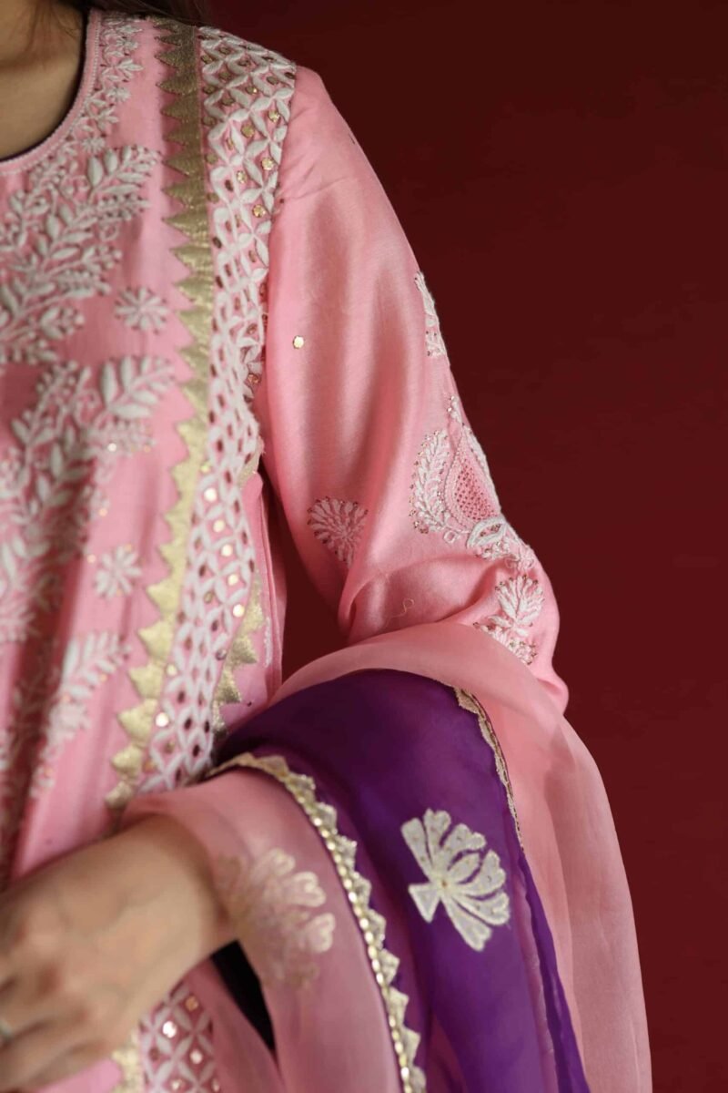 Chanderi Daraz Applique Chikankari Mukaish Kurta Dupatta Set
