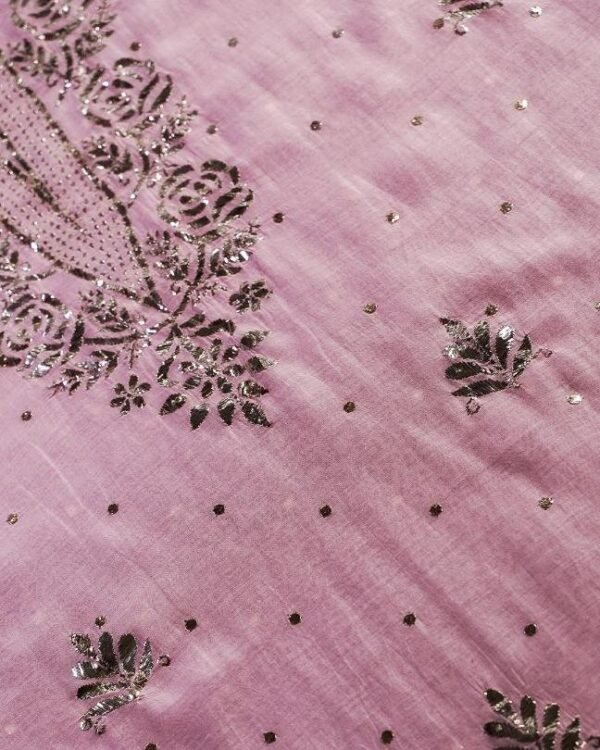 Pink Chanderi Mukaish Badla Unstitched Kurta Dupatta Set - Image 6