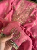 Pink Handloom Kota Chikankari With Mirror Work Unstitched Kurta Dupatta Set