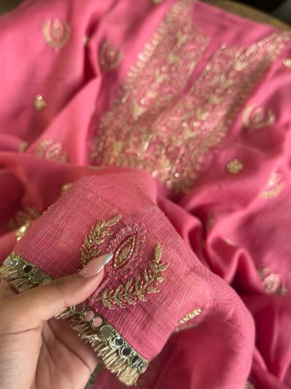 Pink Handloom Kota Chikankari With Mirror Work Unstitched Kurta Dupatta Set - Image 2