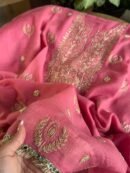 Pink Handloom Kota Chikankari With Mirror Work Unstitched Kurta Dupatta Set