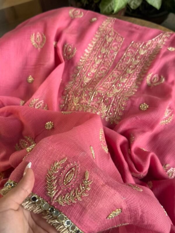 Pink Handloom Kota Chikankari With Mirror Work Unstitched Kurta Dupatta Set