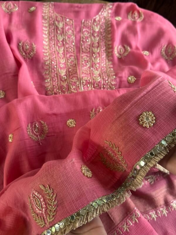 Pink Handloom Kota Chikankari With Mirror Work Unstitched Kurta Dupatta Set - Image 4