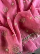 Pink Handloom Kota Chikankari With Mirror Work Unstitched Kurta Dupatta Set
