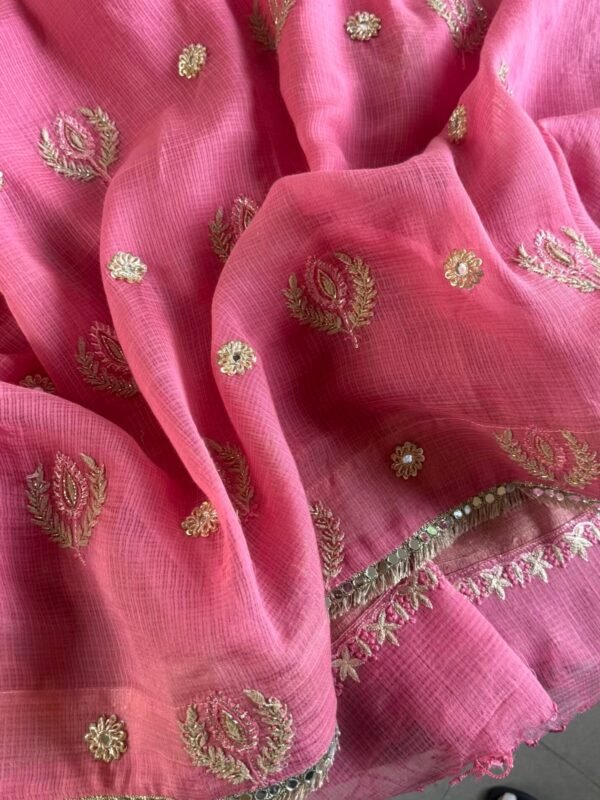 Pink Handloom Kota Chikankari With Mirror Work Unstitched Kurta Dupatta Set - Image 5