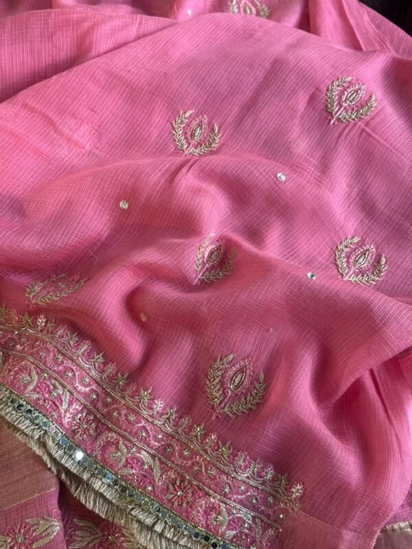 Pink Handloom Kota Chikankari With Mirror Work Unstitched Kurta Dupatta Set - Image 6