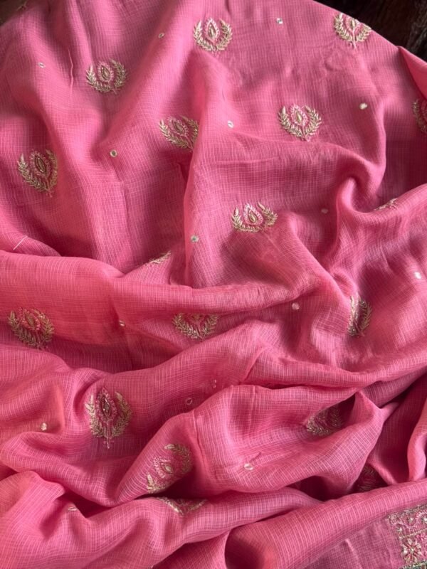 Pink Handloom Kota Chikankari With Mirror Work Unstitched Kurta Dupatta Set - Image 7