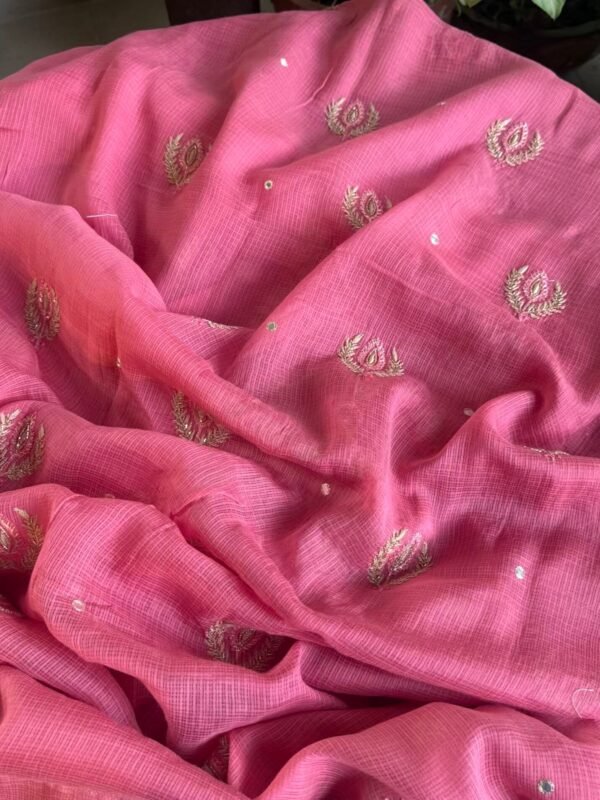 Pink Handloom Kota Chikankari With Mirror Work Unstitched Kurta Dupatta Set - Image 8