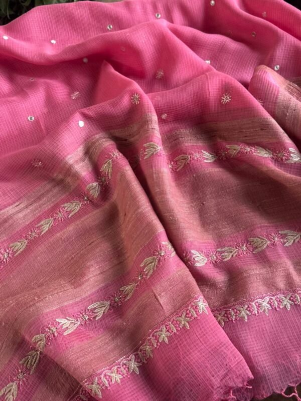 Pink Handloom Kota Chikankari With Mirror Work Unstitched Kurta Dupatta Set - Image 9