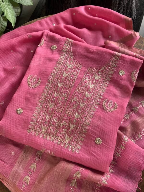 Pink Handloom Kota Chikankari With Mirror Work Unstitched Kurta Dupatta Set - Image 10