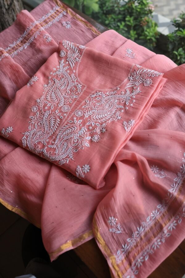 Pink Mal Cotton Chikankari Unstitched Kurta Dupatta Fabrics With Kamdani