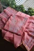 Pink Mal Cotton Chikankari Unstitched Kurta Dupatta Fabrics With Kamdani