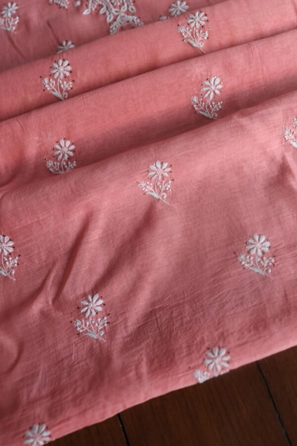 Pink Mal Cotton Chikankari Unstitched Kurta Dupatta Fabrics With Kamdani - Image 6