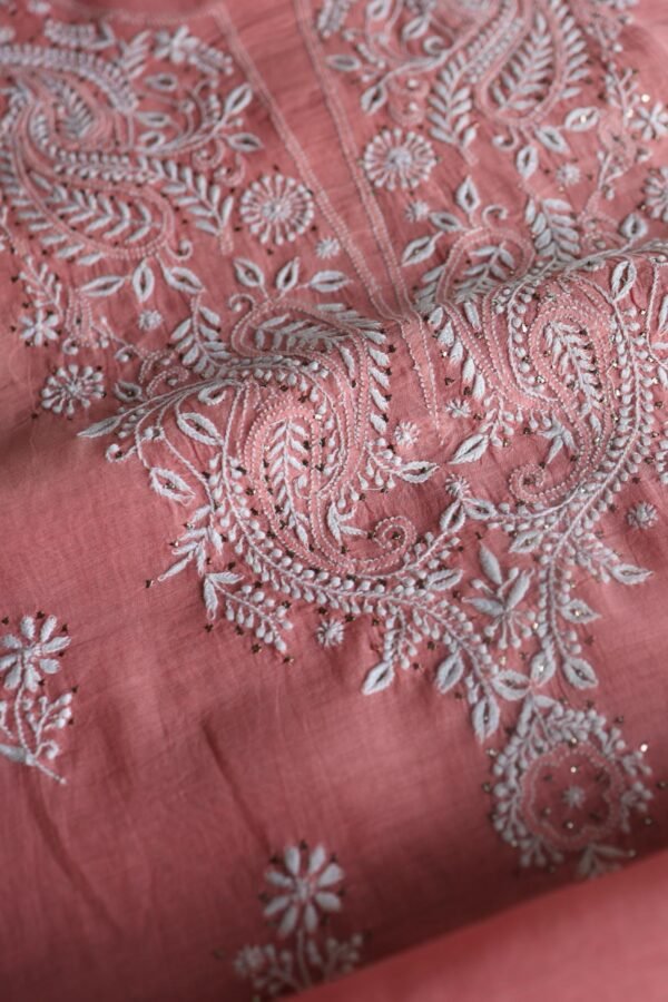 Pink Mal Cotton Chikankari Unstitched Kurta Dupatta Fabrics With Kamdani - Image 8