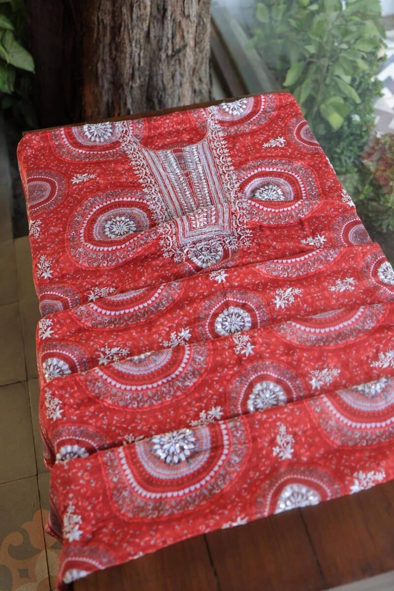 Carrot Pink Muslin Chikankari Unstitched Kurta Fabrics