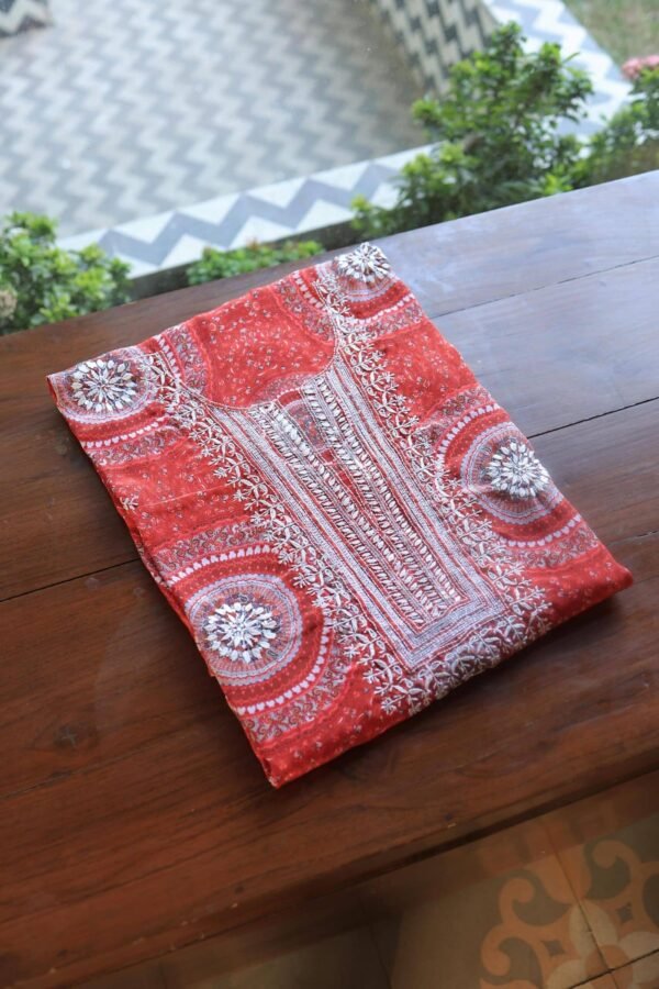 Carrot Pink Muslin Chikankari Unstitched Kurta Fabrics - Image 8