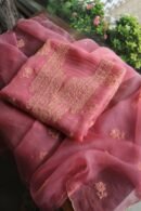 Pink Noor Organza Silk Chikankari Unstitched Kurta Dupatta Set