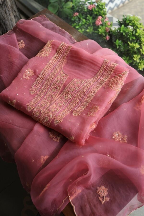 Pink Noor Organza Silk Chikankari Unstitched Kurta Dupatta Set