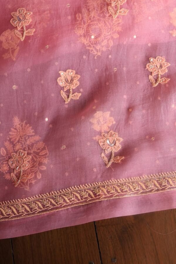 Pink Noor Organza Silk Chikankari Unstitched Kurta Dupatta Set - Image 16