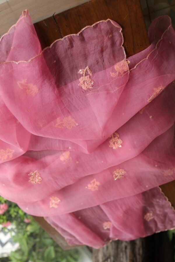 Pink Noor Organza Silk Chikankari Unstitched Kurta Dupatta Set - Image 4