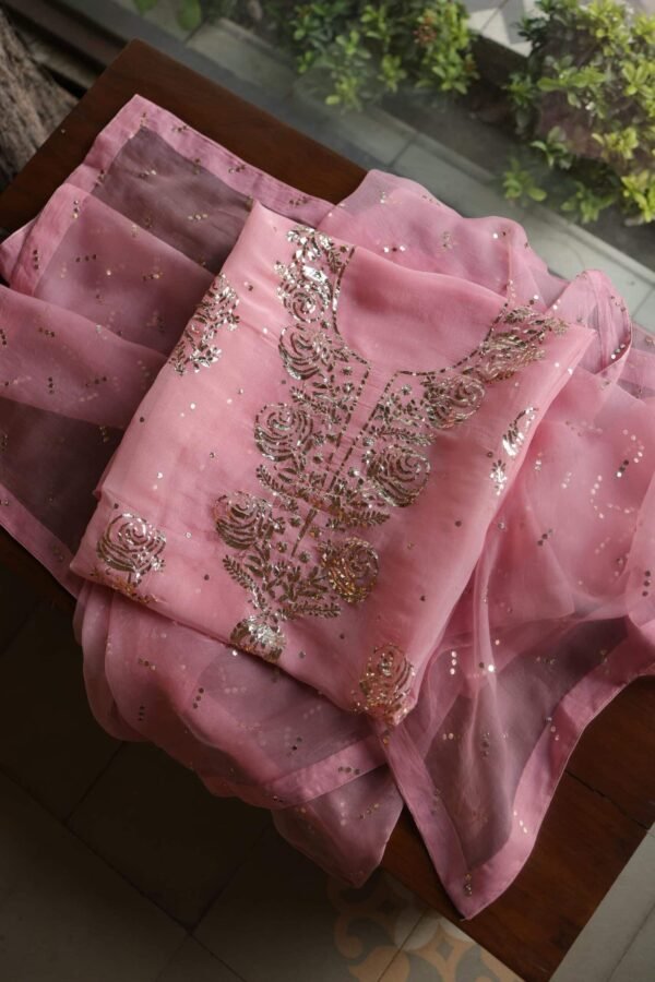 Pink Noor Organza Silk Mukaish Badla Unstitched Kurta Dupatta Set - Image 2