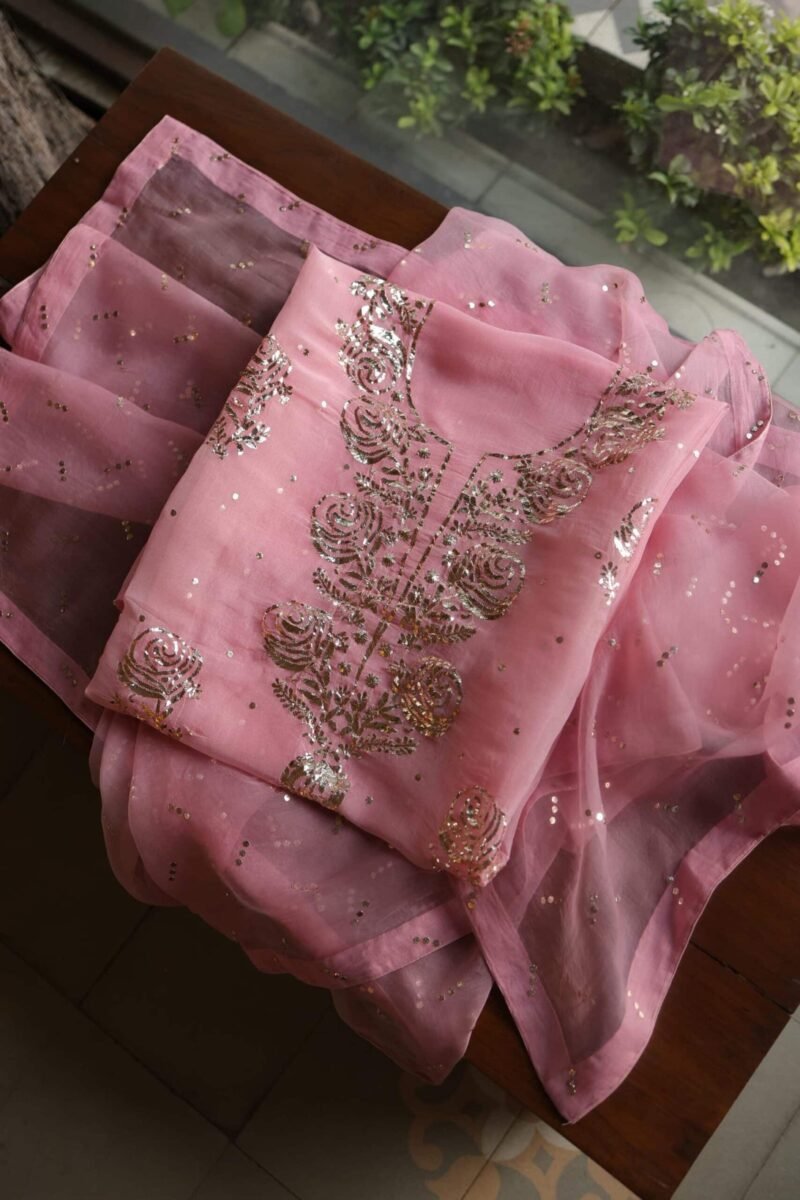 Pink Noor Organza Silk Mukaish Badla Unstitched Kurta Dupatta Set