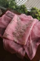 Pink Noor Organza Silk Mukaish Badla Unstitched Kurta Dupatta Set