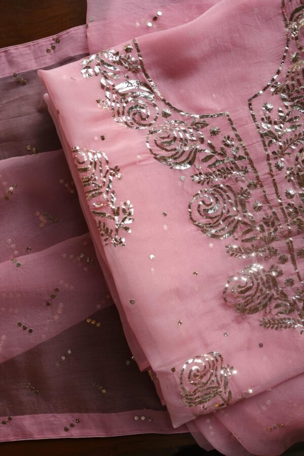 Pink Noor Organza Silk Mukaish Badla Unstitched Kurta Dupatta Set