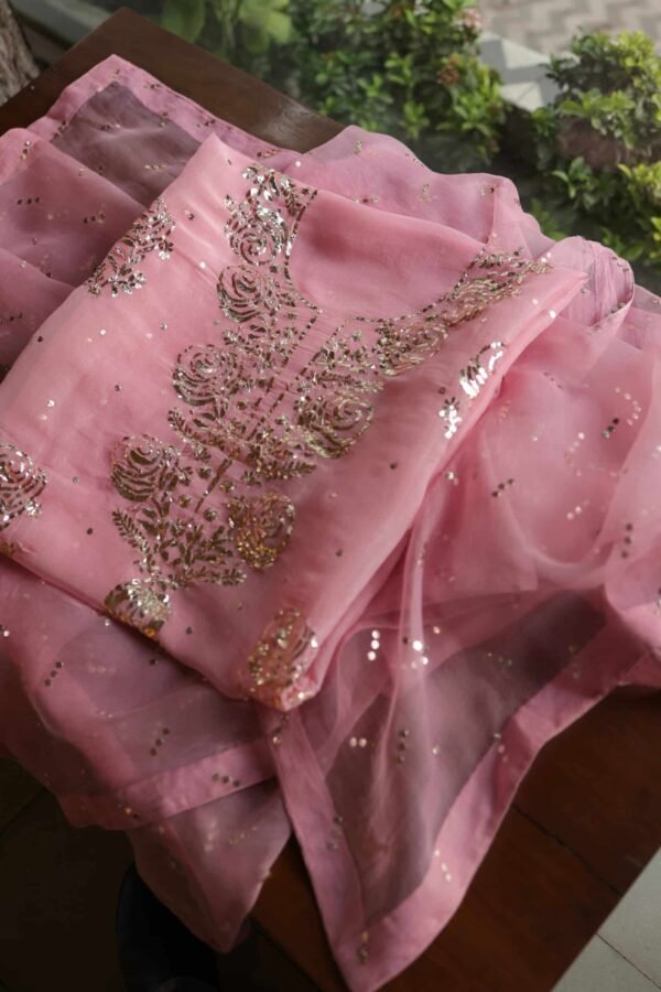 Pink Noor Organza Silk Mukaish Badla Unstitched Kurta Dupatta Set - Image 13
