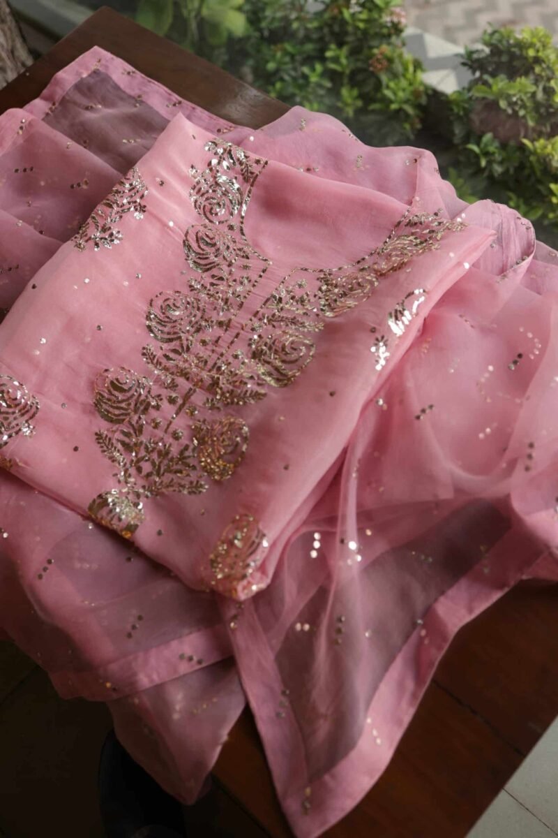 Pink Noor Organza Silk Mukaish Badla Unstitched Kurta Dupatta Set