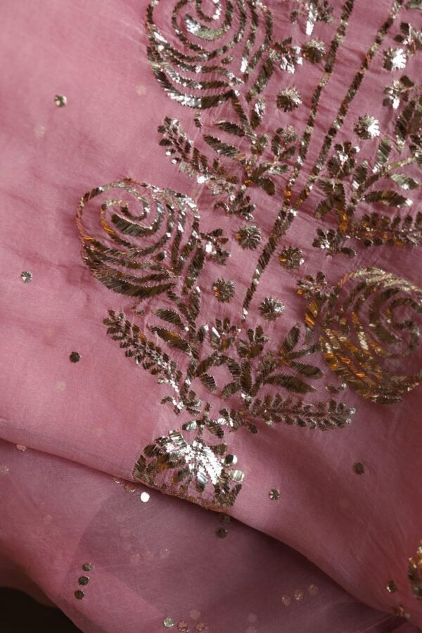 Pink Noor Organza Silk Mukaish Badla Unstitched Kurta Dupatta Set - Image 14