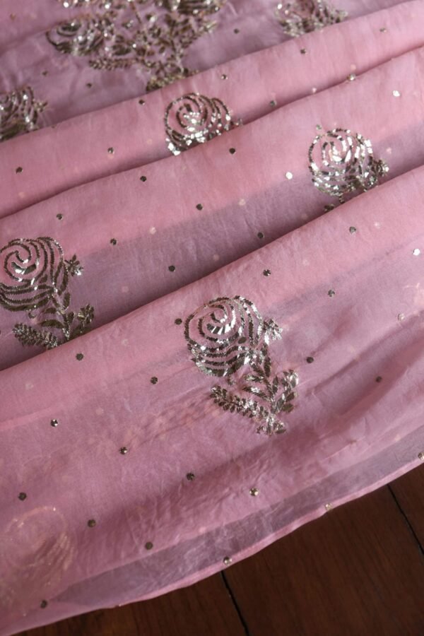 Pink Noor Organza Silk Mukaish Badla Unstitched Kurta Dupatta Set - Image 4