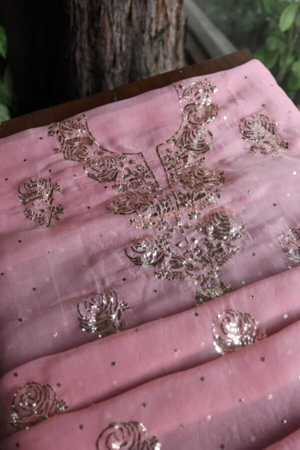 Pink Noor Organza Silk Mukaish Badla Unstitched Kurta Dupatta Set - Image 5