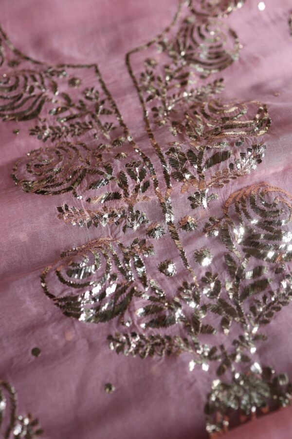Pink Noor Organza Silk Mukaish Badla Unstitched Kurta Dupatta Set - Image 6