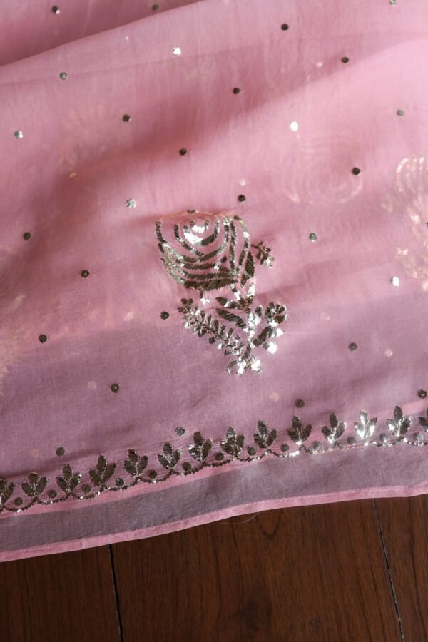 Pink Noor Organza Silk Mukaish Badla Unstitched Kurta Dupatta Set - Image 7