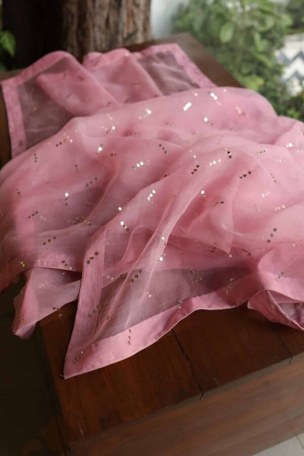 Pink Noor Organza Silk Mukaish Badla Unstitched Kurta Dupatta Set - Image 8