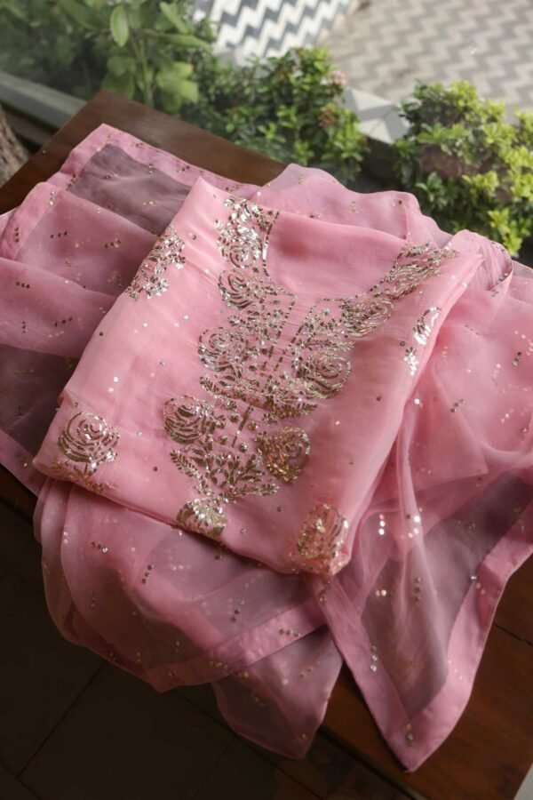 Pink Noor Organza Silk Mukaish Badla Unstitched Kurta Dupatta Set - Image 10