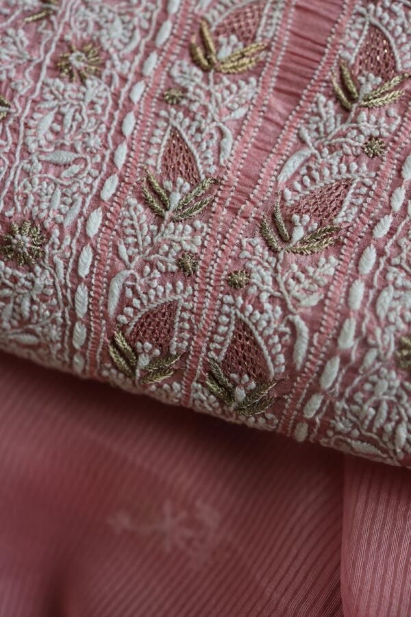 Pink Paper Tussar Resham Chikankari Unstitched Kurta Dupatta Set - Image 14