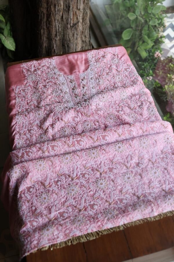 Pink Paper Tussar Resham Chikankari Unstitched Kurta Dupatta Set - Image 5